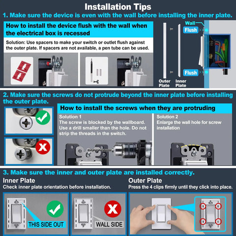 Installation tips for 5 Pack Screwless Decorative Wall Plate 3 Gang Decorator Outlet Cover for Dimmer GFCI USB Receptacle.