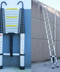 Telescoping Aluminum Ladder 20.3Ft Extension With Detachable Hooks EN131 Standard 330 Lb Load Capacity Adjustable Height In 15.7 Inch Increments Lightweight Built Like a Beast Portable Home Use Step Ladder For Ceiling Lights Painting And Hanging Decor, extended against wall