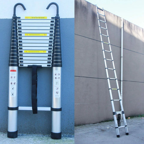 Telescoping Aluminum Ladder 20.3Ft Extension With Detachable Hooks EN131 Standard 330 Lb Load Capacity Adjustable Height In 15.7 Inch Increments Lightweight Built Like a Beast Portable Home Use Step Ladder For Ceiling Lights Painting And Hanging Decor, extended against wall