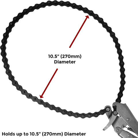 Locking Chain Pliers with 36-Inch Chain Holds Up To 10.5-Inch Diameter Pipe, quick release trigger, shown open with chain detail.