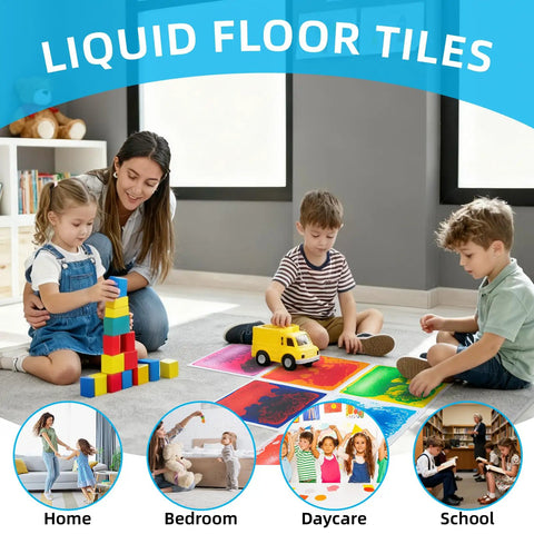 Children playing on Liquid Sensory Colorful Floor Tiles Pack Of 4 11.8 Inch Square Dance Floor Tiles in a playroom.
