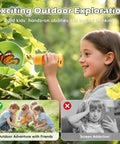 Kids 1000X Digital Microscope With 1080P HD Screen Handheld Science Toy For Exploring Insects Leaves Veins Textures Skin And Everyday Objects On The Go Totally Fun Educational Tool For STEM Learning, child using orange handheld microscope outdoors