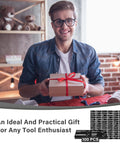 Smiling man holding a gift box beside Magnetic Tool Box Labels, 96 pre printed icons plus 4 blank tags, black 3x1 inch.