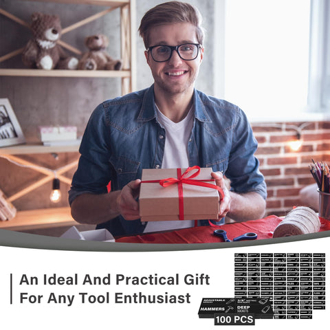 Smiling man holding a gift box beside Magnetic Tool Box Labels, 96 pre printed icons plus 4 blank tags, black 3x1 inch.