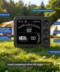 Dead Set Accurate Wireless RV Leveler With Six Axis Gyroscope Sensor And Crisp Digital Screen showing roll angle and buttons.