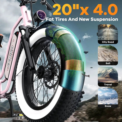 Beast 1500W Peak Electric Fat Tire Bike For Adults With Removable 48V Battery And 20 25 60Ah Options, Up To 80 Mile Range, 20x4 Fat Tires, All Terrain E Bike For Commute Beach Snow UL Certified. 20x4.0 tire with suspension for city, soil and snow