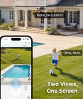 Dual Lens Solar Wireless Outdoor Security Camera With 2K Plus 2K Dual View monitoring a child playing soccer near a pool