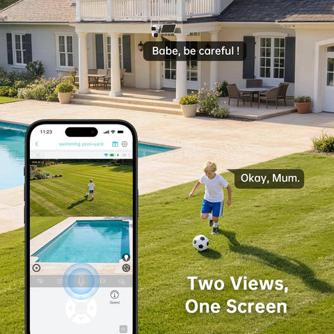 Dual Lens Solar Wireless Outdoor Security Camera With 2K Plus 2K Dual View monitoring a child playing soccer near a pool