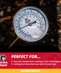 Analog Soil Temperature Dial Thermometer With 36 Inch Probe For Soil And Worm Compost, close-up in soil showing readings.