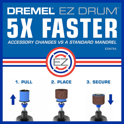 Heavy Duty EZ Lock Sanding And Grinding Rotary Tool Accessories Kit With Eighteen Pieces shows the EZ Drum accessory for easy and quick swaps.