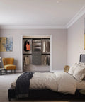 Top Shelf Grey Closet Organizer Kit Measuring 67.5 Inches Across in modern bedroom with double hanging rods and drawers.