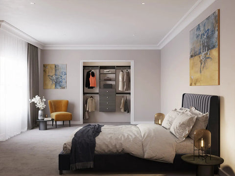 Top Shelf Grey Closet Organizer Kit Measuring 67.5 Inches Across in modern bedroom with double hanging rods and drawers.