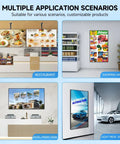 Ready To Roll 55 Inch 4K Digital Menu Board Wall Mount Commercial Signage Display shown in restaurant and retail scenarios.