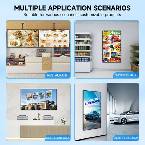 Ready To Roll 55 Inch 4K Digital Menu Board Wall Mount Commercial Signage Display shown in restaurant and retail scenarios.