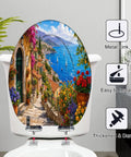 Elongated Mediterranean Coastal Village Colorful Flowers Toilet Seat with vibrant floral design and sturdy resin material on a white toilet.
