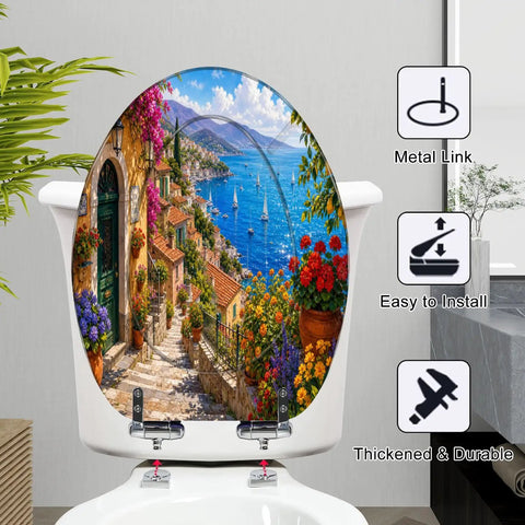 Elongated Mediterranean Coastal Village Colorful Flowers Toilet Seat with vibrant floral design and sturdy resin material on a white toilet.
