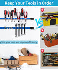 Six Piece 12 Inch Magnetic Tool Holder Strips With Mounting Brackets For Garage Organization Blue Metal Tool Organizer Rack Easy To Install With Screws Included, showing organized vs cluttered toolboxes.