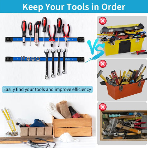 Six Piece 12 Inch Magnetic Tool Holder Strips With Mounting Brackets For Garage Organization Blue Metal Tool Organizer Rack Easy To Install With Screws Included, showing organized vs cluttered toolboxes.