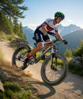 Cyclist riding 26 Inch Fat Tire Mountain Bike With 21 Speed Drivetrain, Dual Disc Brakes, Front Suspension Fork on mountain trail