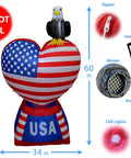 5 Foot Tall Patriotic Inflatable Love Heart With American Flag And Bald Eagle Pre Lit LED Lights, showing dimensions and components