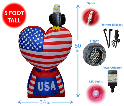 5 Foot Tall Patriotic Inflatable Love Heart With American Flag And Bald Eagle Pre Lit LED Lights, showing dimensions and components