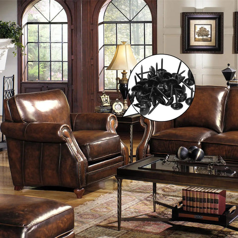 Top Shelf Black Upholstery Tacks For Furniture Repair Heavy Duty Metal Thumb Tacks Rust Resistant Matte Finish in living room setting.
