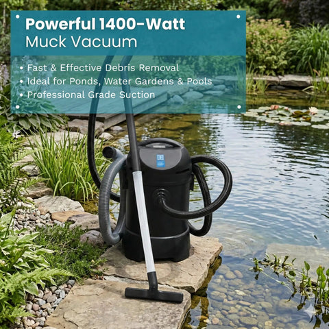 1400 Watt Pond Vacuum With 13 Ft Intake Hose Four Tubes Three Nozzles And Bag For Fast Muck Debris Sludge Removal shown by pond