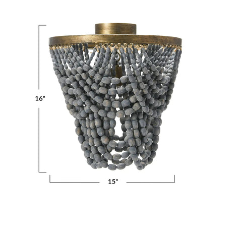 Two-Tier Draped Wood Bead Semi-Flush Mount Ceiling Light With Gold-Washed Metal Base and Light Gray Beads, 16x15 inches