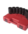 Deep Spindle Nut Impact Socket Set One Half Inch Drive 8 Piece 29Mm To 39Mm 12 Point CRMO Alloy Metric And Standard Sockets on case