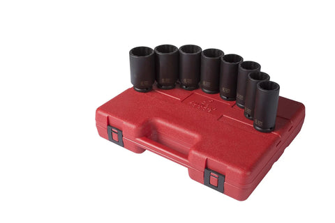 Deep Spindle Nut Impact Socket Set One Half Inch Drive 8 Piece 29Mm To 39Mm 12 Point CRMO Alloy Metric And Standard Sockets on case