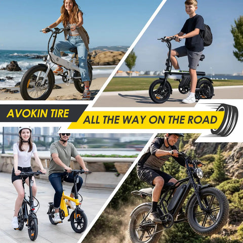 14x2.125 Tire And Tube Set 57-254 E Bike Replacement For Folding E Bikes Electric Scooters And Kids Bikes With Non Slip Grippy Tread For All Weather Traction And Puncture Resistant Design With Inner Tube Included, shown on folding bikes
