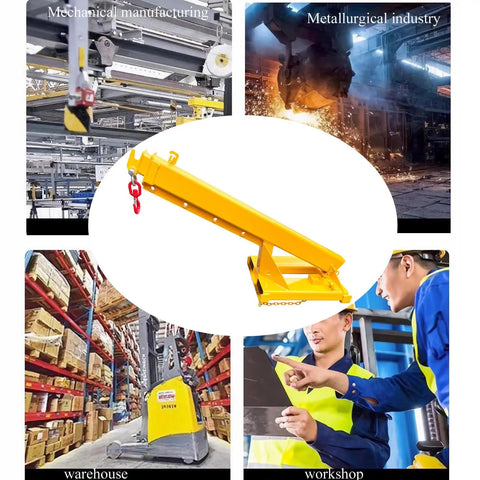 Heavy Duty Workhorse Forklift Jib Boom Crane With 6600 LB Capacity shown in industrial settings for material handling and towing use.