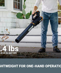 Person using Cordless Leaf Blower With Turbine Fan Delivers 360 CFM For Quick Cleanup, Two Speed Control, Battery And Charger Included