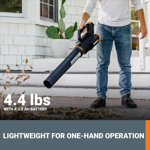 Person using Cordless Leaf Blower With Turbine Fan Delivers 360 CFM For Quick Cleanup, Two Speed Control, Battery And Charger Included