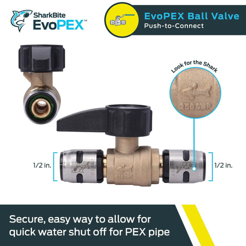 1/2 Inch EvoPEX Ball Valve With Push To Connect Plumbing Fitting For PEX Pipe, Water Shut Off Valve For Servicing And Repairs