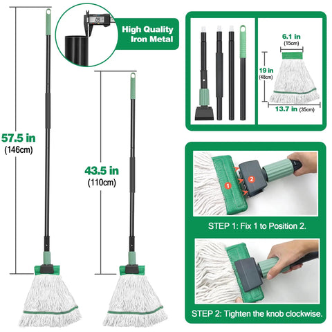 Heavy Duty Mop With Extended Reach Handle measuring 57.5 in and 43.5 in, designed for cleaning sticky spills and greasy floors.