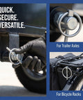 Heavy Duty Stainless Steel Locking Linch Pins With O-Ring Retainers on trailer and bicycle racks for secure fastening.