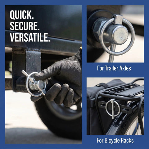 Heavy Duty Stainless Steel Locking Linch Pins With O-Ring Retainers on trailer and bicycle racks for secure fastening.