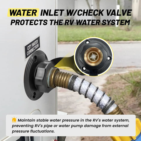 City Water Inlet For RV With Lead Free Brass And Check Valve, Three Quarter Inch NH Female To One Half Inch NPT Male Connection, Water Fill Inlet Flange Replacement For Camper Trailer Motorhome And Marine Use on RV side wall