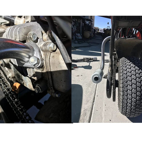 Side view of Beefy Heavy Duty Exhaust With Muffler For Predator 212cc 6.5 HP installed on go kart engine, showing bolts and connection.
