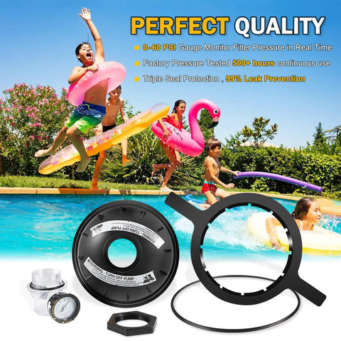 Eight Point Five Inch Black Buttress Thread Closure Kit Leak Free Replacement For Triton II TR100 TR140 TR100C TR140C And Triton C Three Pool And Spa Sand Filters Includes Air Relief Valve PSI Gauge Lid Wrench And O Rings, black closure lid with gauge