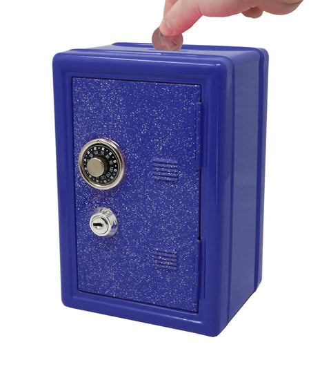 Person inserting coin into Metal Kids Safe Bank With Key And Combination Lock In Blue, compact design and sturdy metal