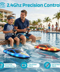 Father and son playing with Kids RC Boat With LED Lights Self Righting Waterproof Fast Racer in pool with dual speed modes