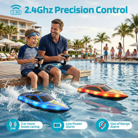 Father and son playing with Kids RC Boat With LED Lights Self Righting Waterproof Fast Racer in pool with dual speed modes