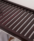 Top Shelf Solid Wood Closet Organizer System With Mad Storage Capacity And Hella Sturdy Hanging Rods Wall Mounted Espresso Finish close-up of slatted wood shelf