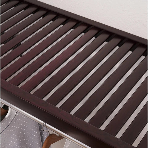 Top Shelf Solid Wood Closet Organizer System With Mad Storage Capacity And Hella Sturdy Hanging Rods Wall Mounted Espresso Finish close-up of slatted wood shelf