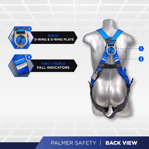 Back view of blue Roofing Safety Kit With Full Body Harness 100 Ft Vertical Rope Anchor Set Tool Lanyard And Duffle Bag