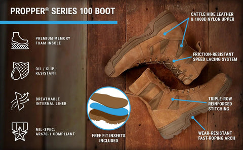 Rugged 8 Inch Tactical Boot For Men In Coyote Brown With Tough As Nails Ankle Support Fast Lace System Durable Outsole AR 670 1 Compliant Size 5.5 M US shown with features and materials.