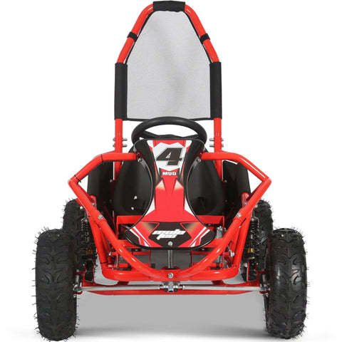 Front view of Mud Monster 98cc Off Road Go Kart With Full Suspension For Kids, featuring a roll cage and rugged red design.