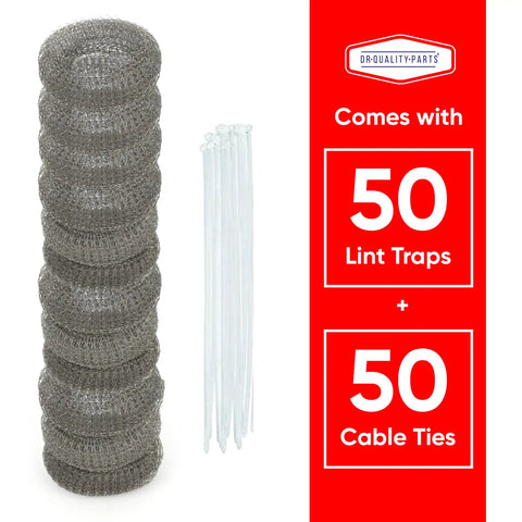 50 pack Heavy Duty Stainless Steel Washer Lint Trap Filter Mesh Drain Catcher with nylon cable ties displayed next to packaging.
